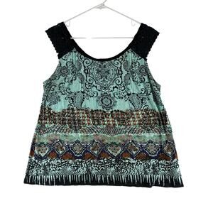 Bila Sleeveless Blouse Turquoise Brown Crochet Paisley Mandala Medallion Large